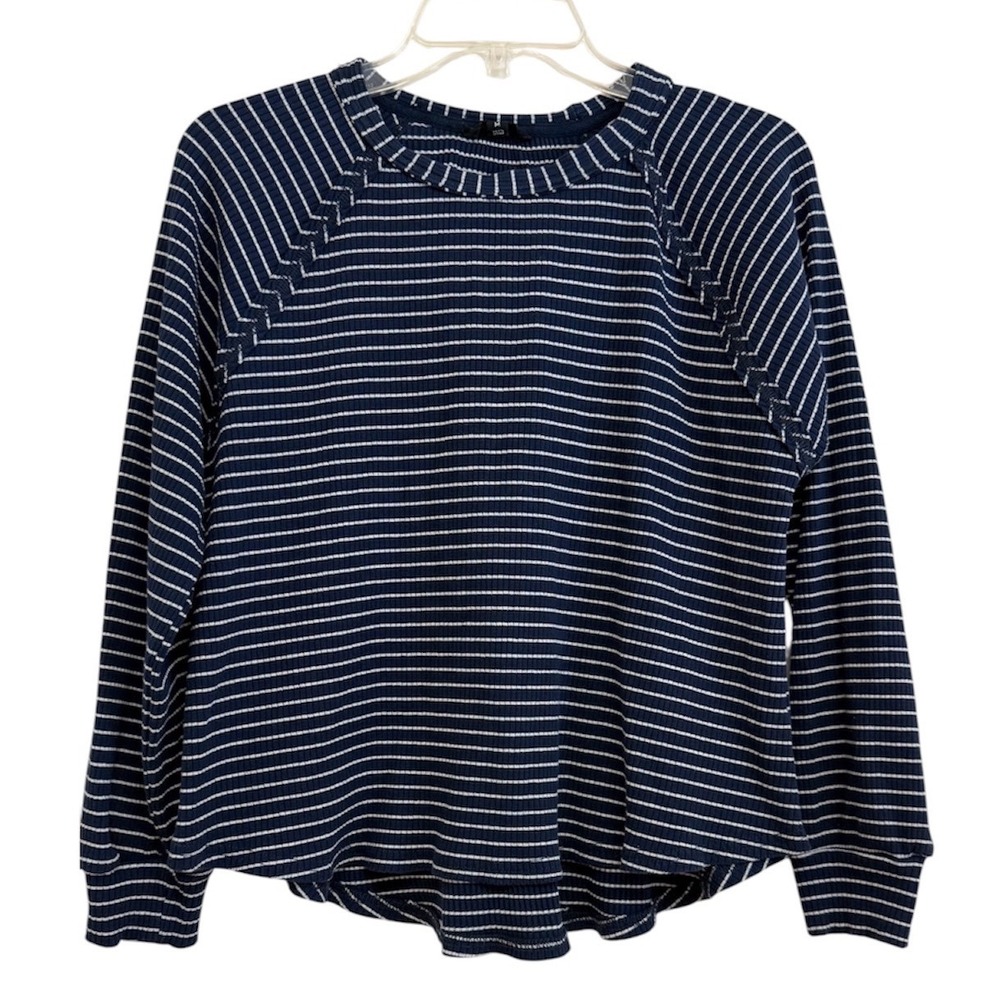 Blu Pepper Womens Navy White Striped Ribbed Raglan Top B4FT1074 Medium